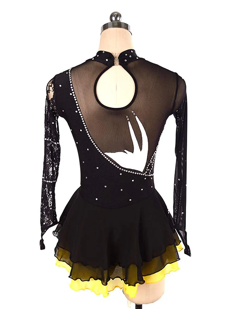 Figure Skating Dress Women's Girls' Dancewear Black Stretchy Crystal/Rhinestone Long Sleeve Ice Skating Dress - Image 5
