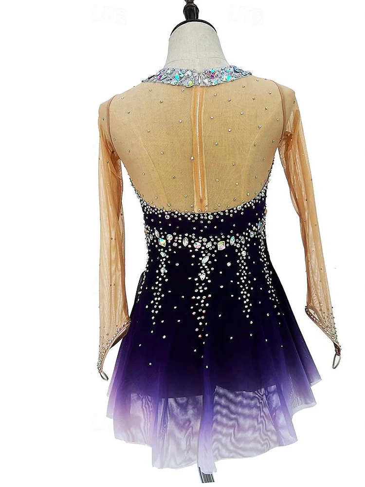 Figure Skating Dress Women's Girls' Dancewear Halo Dyeing High Elasticity Crystal/Rhinestone Long Sleeve Ice Skating Dress - Image 2