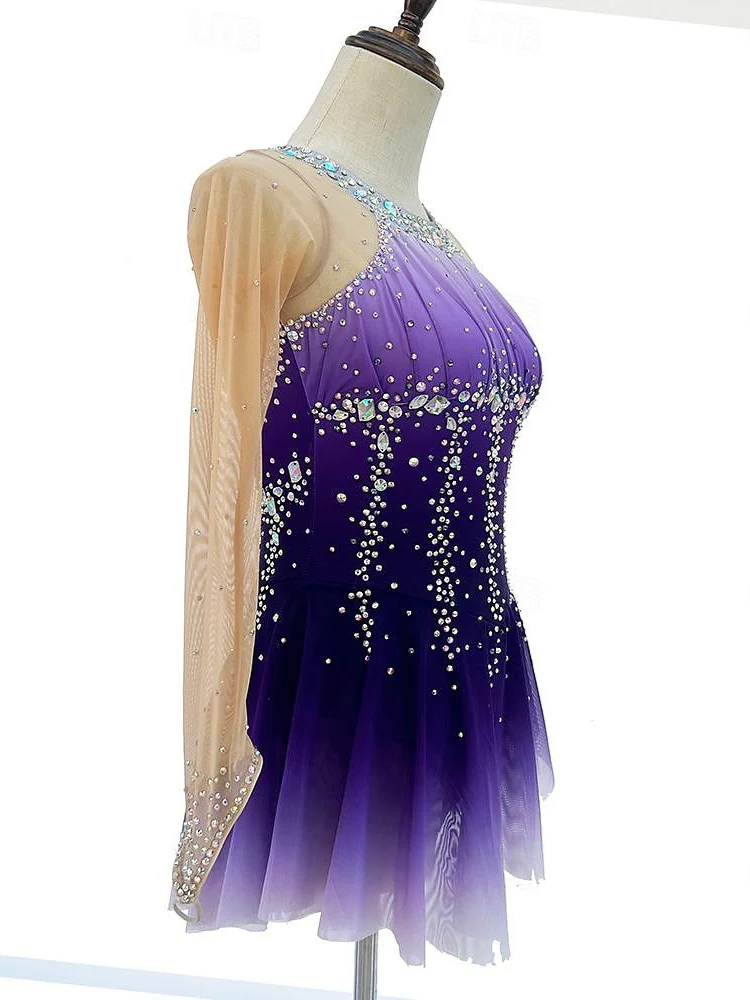 Figure Skating Dress Women's Girls' Dancewear Halo Dyeing High Elasticity Crystal/Rhinestone Long Sleeve Ice Skating Dress - Image 3