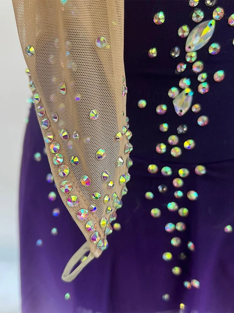 Figure Skating Dress Women's Girls' Dancewear Halo Dyeing High Elasticity Crystal/Rhinestone Long Sleeve Ice Skating Dress - Image 5