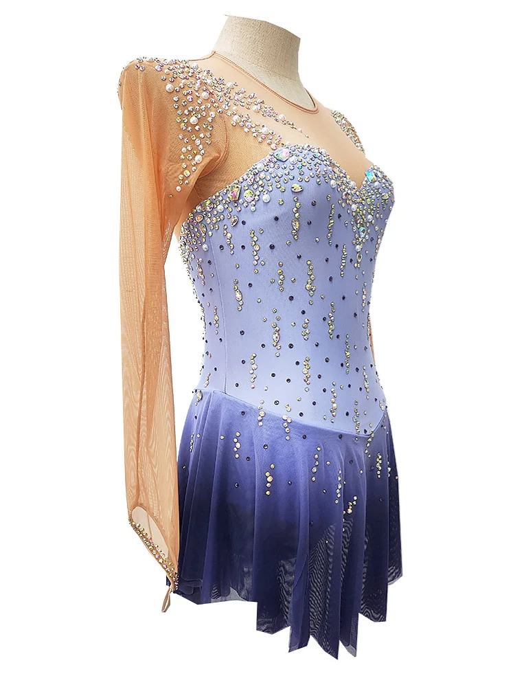 Figure Skating Dress Women's Girls' Dancewear Thumbhole High Elasticity Crystal/Rhinestone Long Sleeve Ice Skating Dress - Image 3
