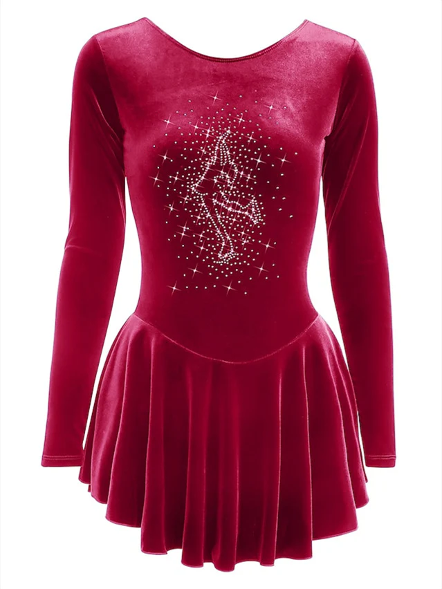 Figure Skating Dress Women's Girls' Dancewear Velvet Long Sleeve Ice Skating Dress - Image 7