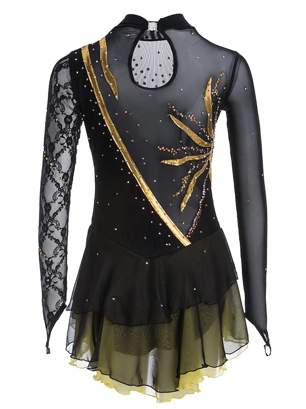 Figure Skating Dress Women's Girls' Ice Dancewear Lace Spandex Long Sleeve Ice Skating Dress - Image 2