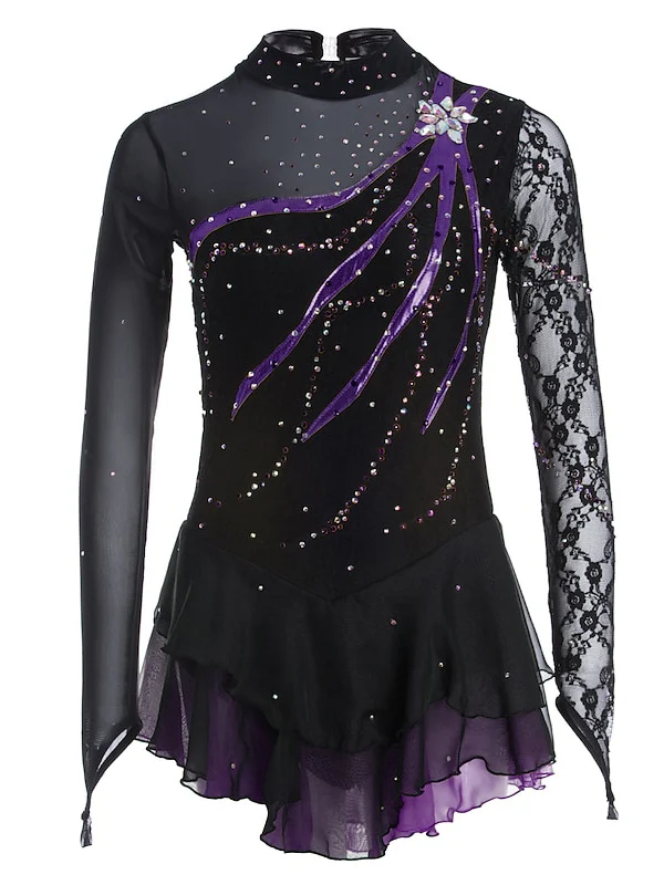 Figure Skating Dress Women's Girls' Ice Dancewear Lace Spandex Long Sleeve Ice Skating Dress - Image 6