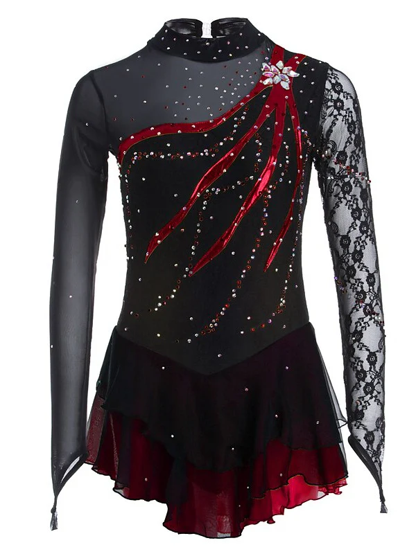 Figure Skating Dress Women's Girls' Ice Dancewear Lace Spandex Long Sleeve Ice Skating Dress - Image 7
