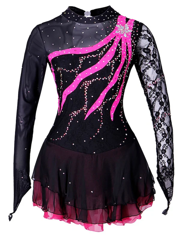 Figure Skating Dress Women's Girls' Ice Dancewear Lace Spandex Long Sleeve Ice Skating Dress - Image 8