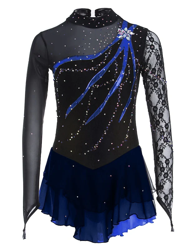 Figure Skating Dress Women's Girls' Ice Dancewear Lace Spandex Long Sleeve Ice Skating Dress - Image 9