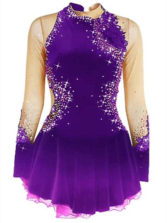 Figure Skating Dress Women's Girls' Ice Dancewear Mesh Spandex Velvet High Elasticity Rhinestone Ice Skating Dress - Image 7