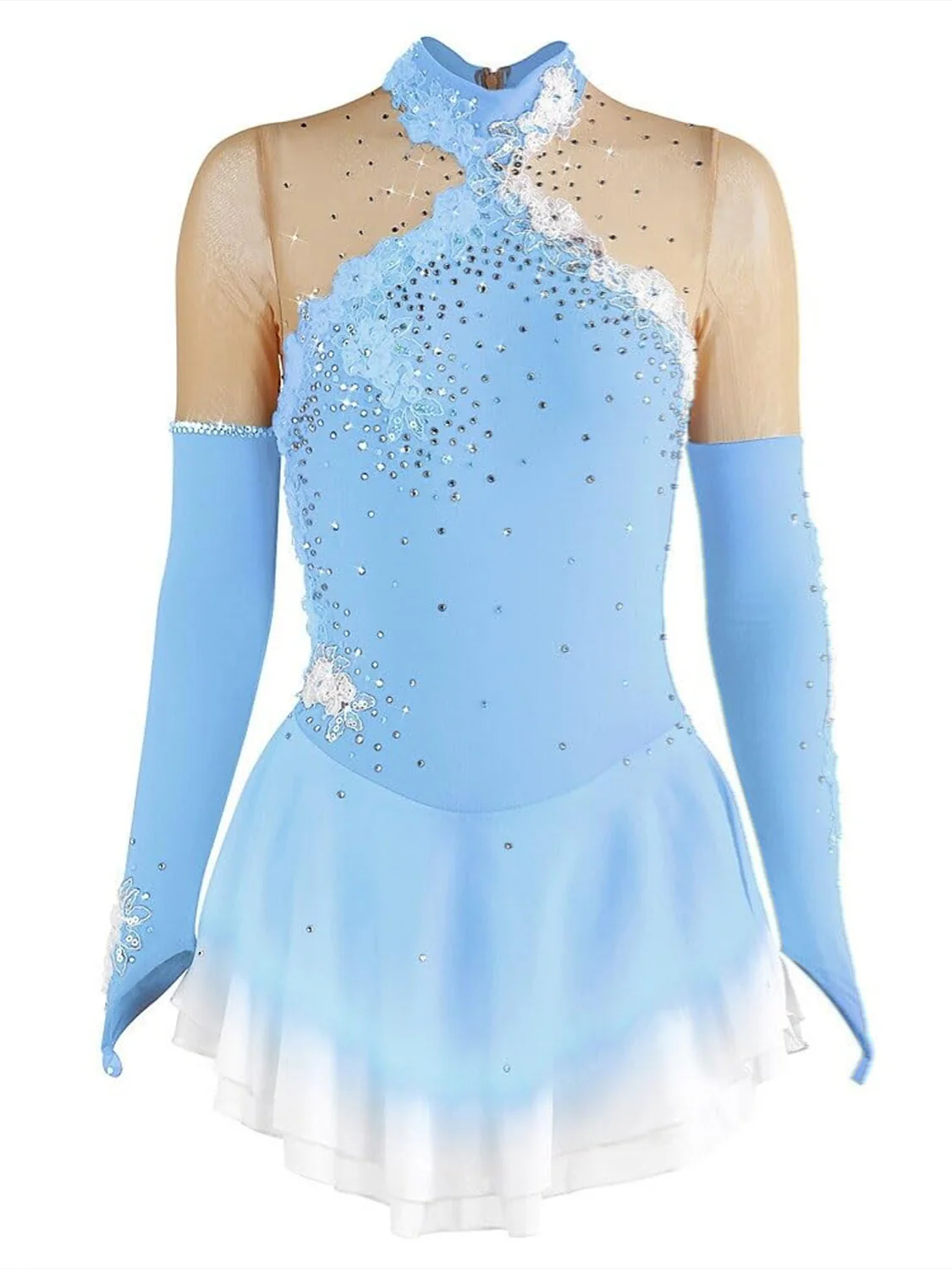 Figure Skating Dress Women's Girls' Ice Dancewear Stretchy Crystal/Rhinestone Long Sleeve Ice Skating Dress - Image 3