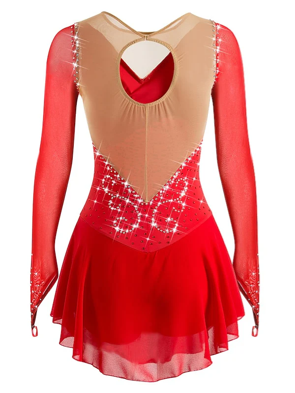 Figure Skating Dress Women's Girls' Ice Mesh Spandex High Elasticity Rhinestone Long Sleeve Ice Skating Dress - Image 5