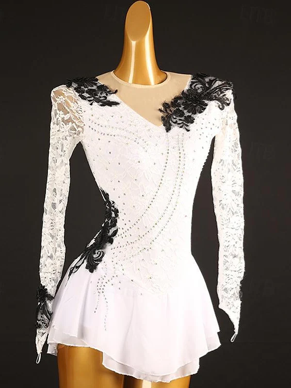 Figure Skating Dress Women's Girls' Ice Patchwork Mesh Spandex Lace High Elasticity Long Sleeve Ice Skating Dress - Image 2