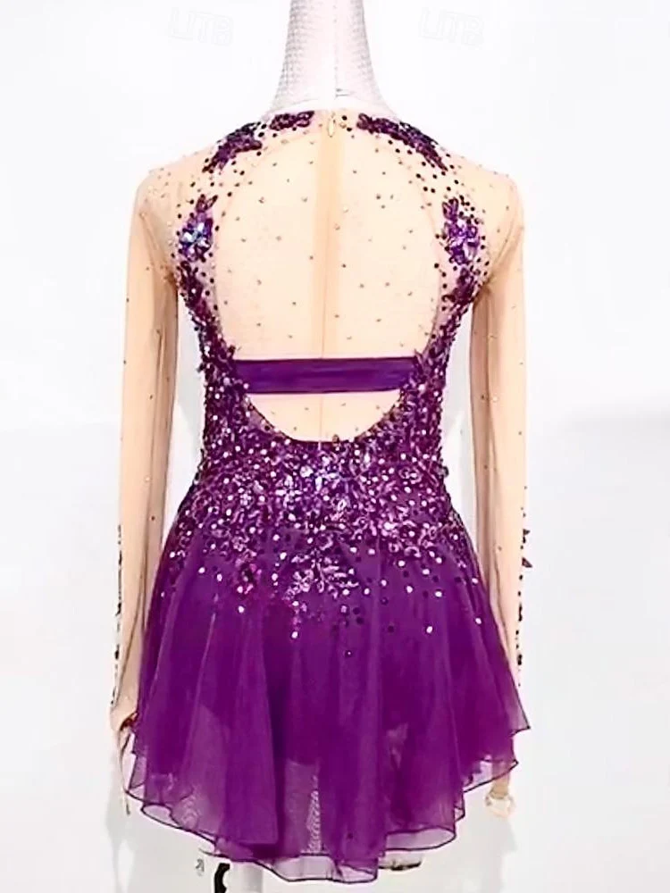 Figure Skating Dress Women's Girls' Ice  Purple Patchwork Thumbhole Mesh High Elasticity Skating Wear - Image 3