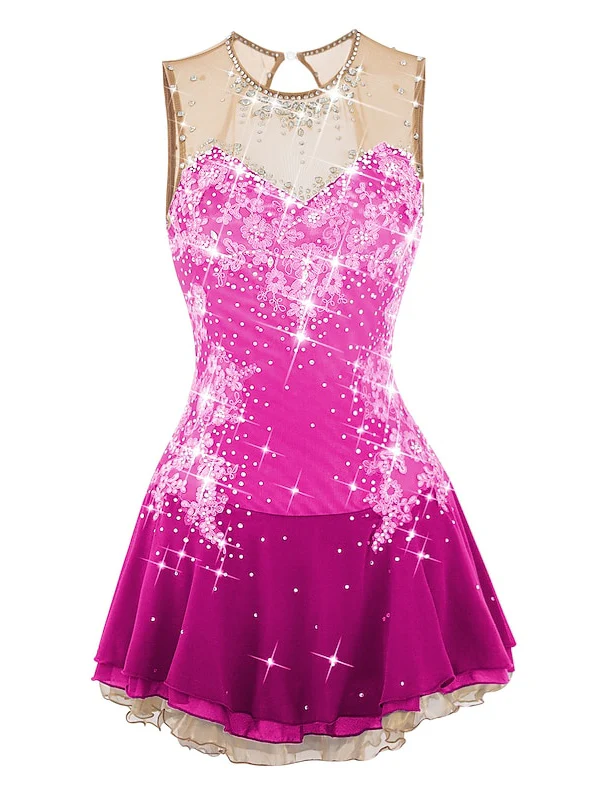 Figure Skating Dress Women's Girls' Ice Skating Dress Open Back Spandex Flower Mesh Rhinestone Sleeveless Ice Dancewear - Image 3