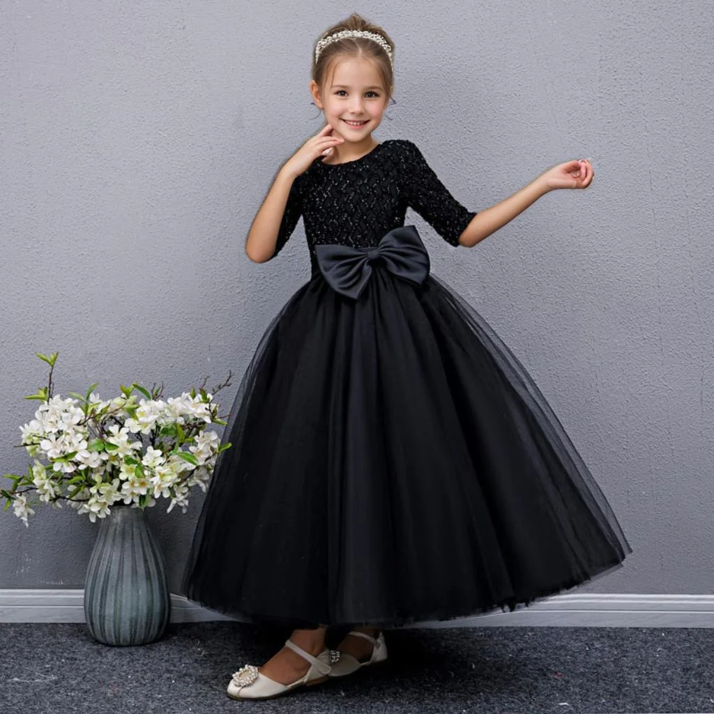 Floor Length Half Sleeves Round Neck A-Line/Princess Girl Party Dress with Bow - Image 5