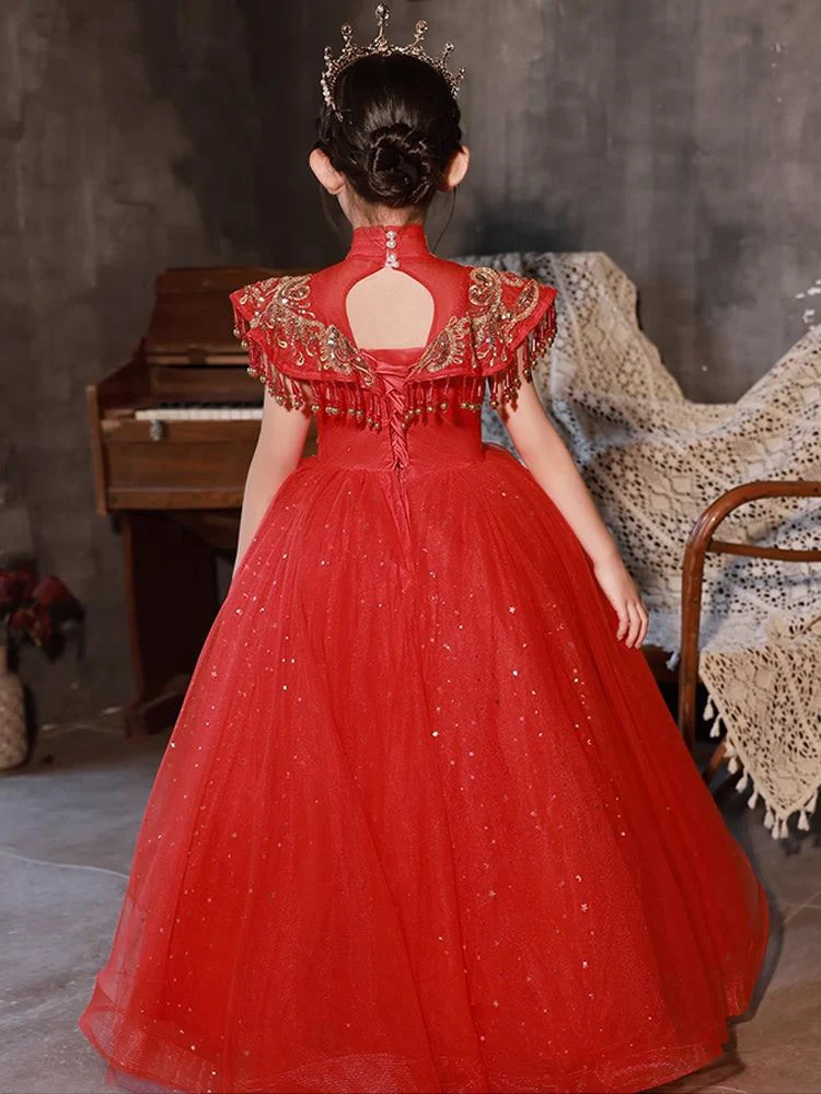 Floor Length High Neck Traditional Flower Girl Party Dresses with Rhinestone Appliques - Image 2