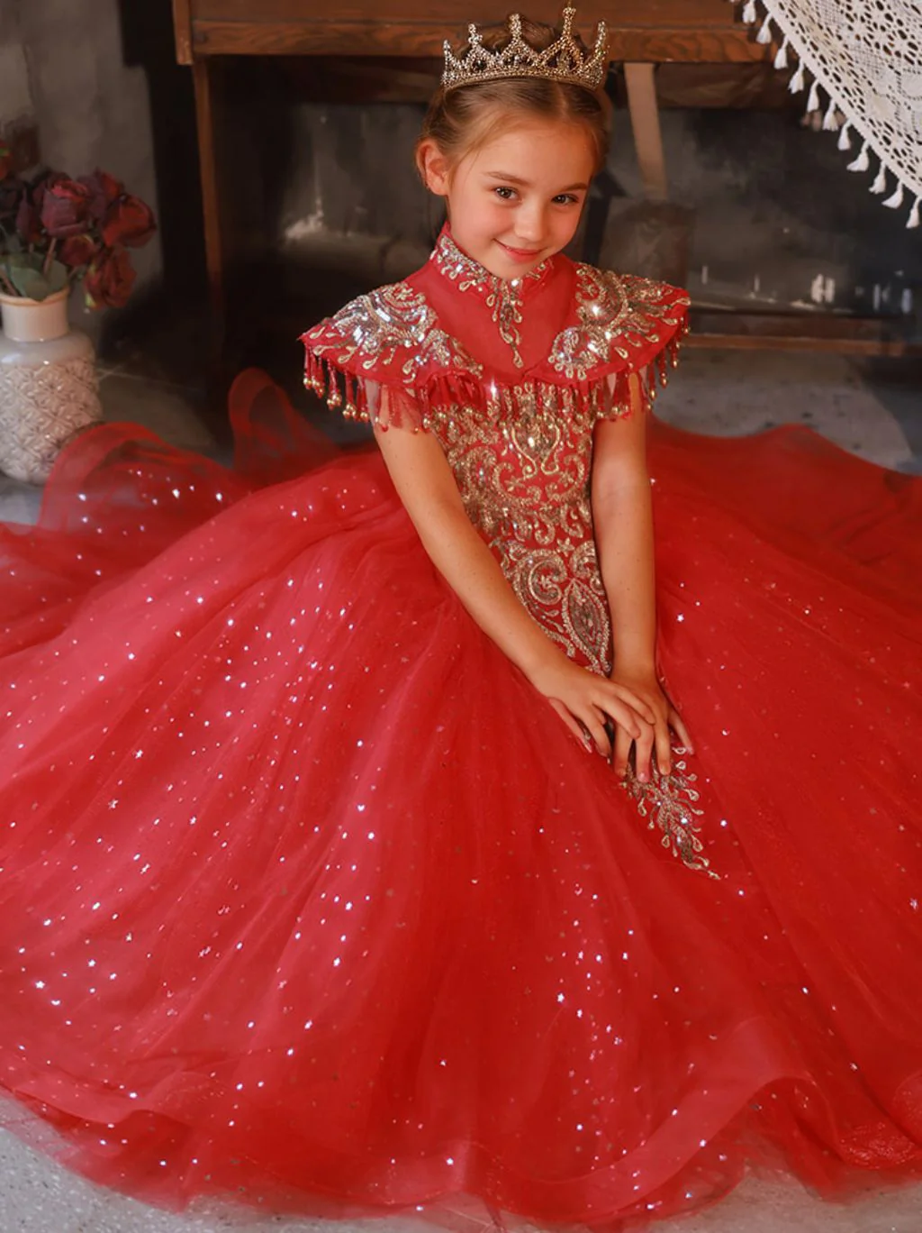 Floor Length High Neck Traditional Flower Girl Party Dresses with Rhinestone Appliques - Image 5