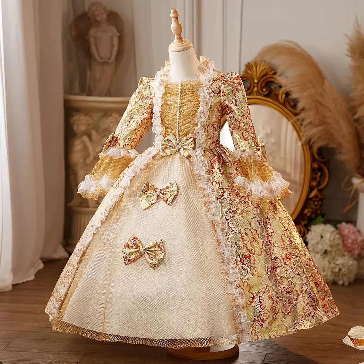 Girl's Ball Gown 3/4 Length Sleeves Floor Length Lace Victorian Princess Costume Cosplay Masquerade Rococo Party Dress with Bowknot - Image 3