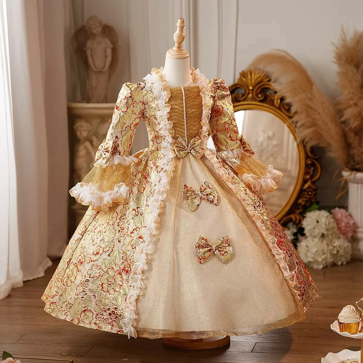 Girl's Ball Gown 3/4 Length Sleeves Floor Length Lace Victorian Princess Costume Cosplay Masquerade Rococo Party Dress with Bowknot - Image 4