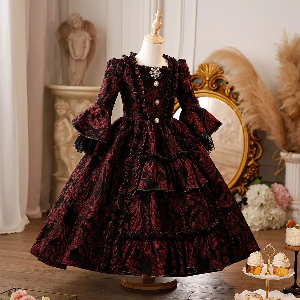 Girl's Ball Gown 3/4 Length Sleeves Floor Length Lace Victorian Princess Costume Cosplay Masquerade Rococo Party Dress with Sequins - Image 3