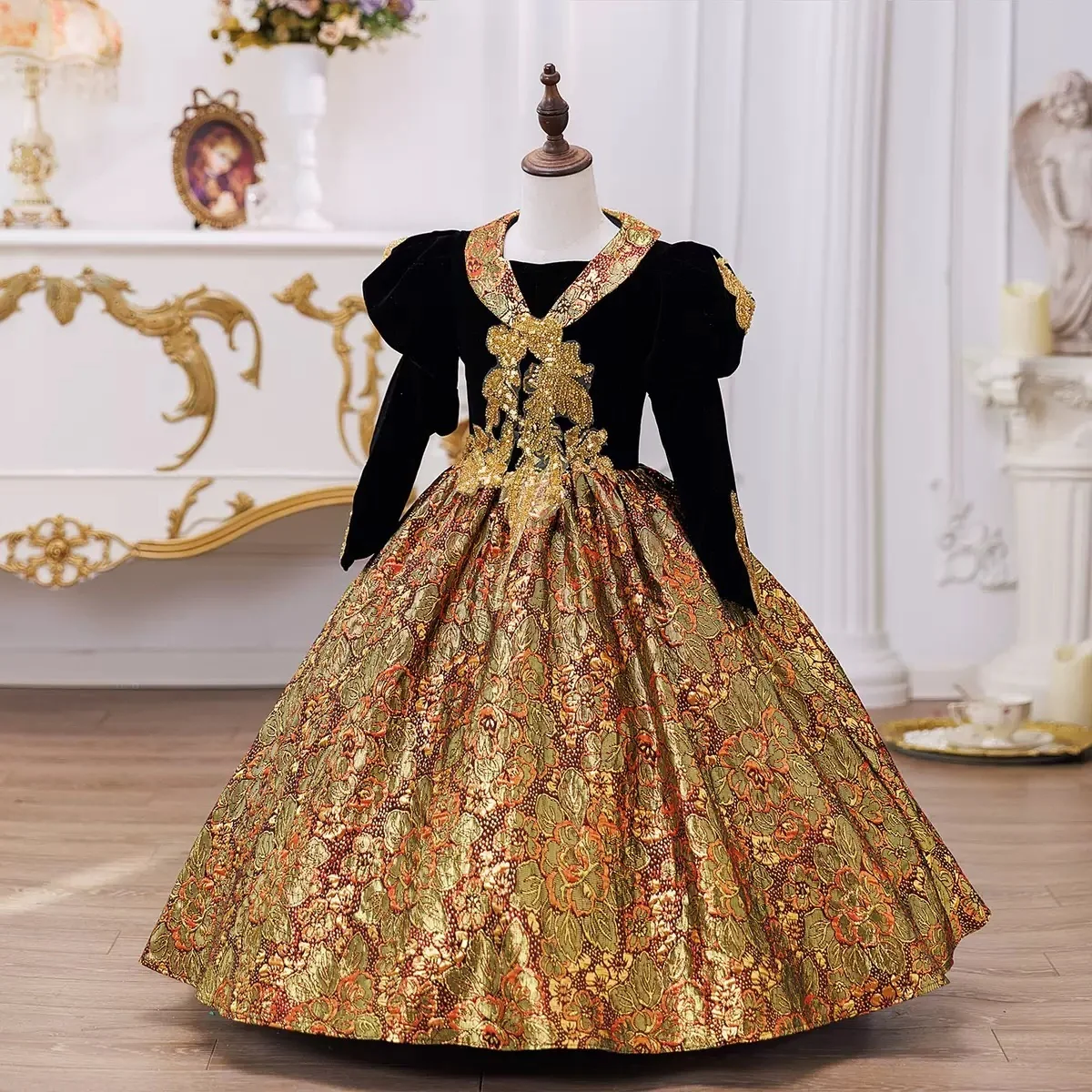 Girl's Ball Gown 3/4 Length Sleeves Floor Length Victorian Princess Party Costume Cosplay Masquerade Rococo Party Dress with Sequins - Image 3