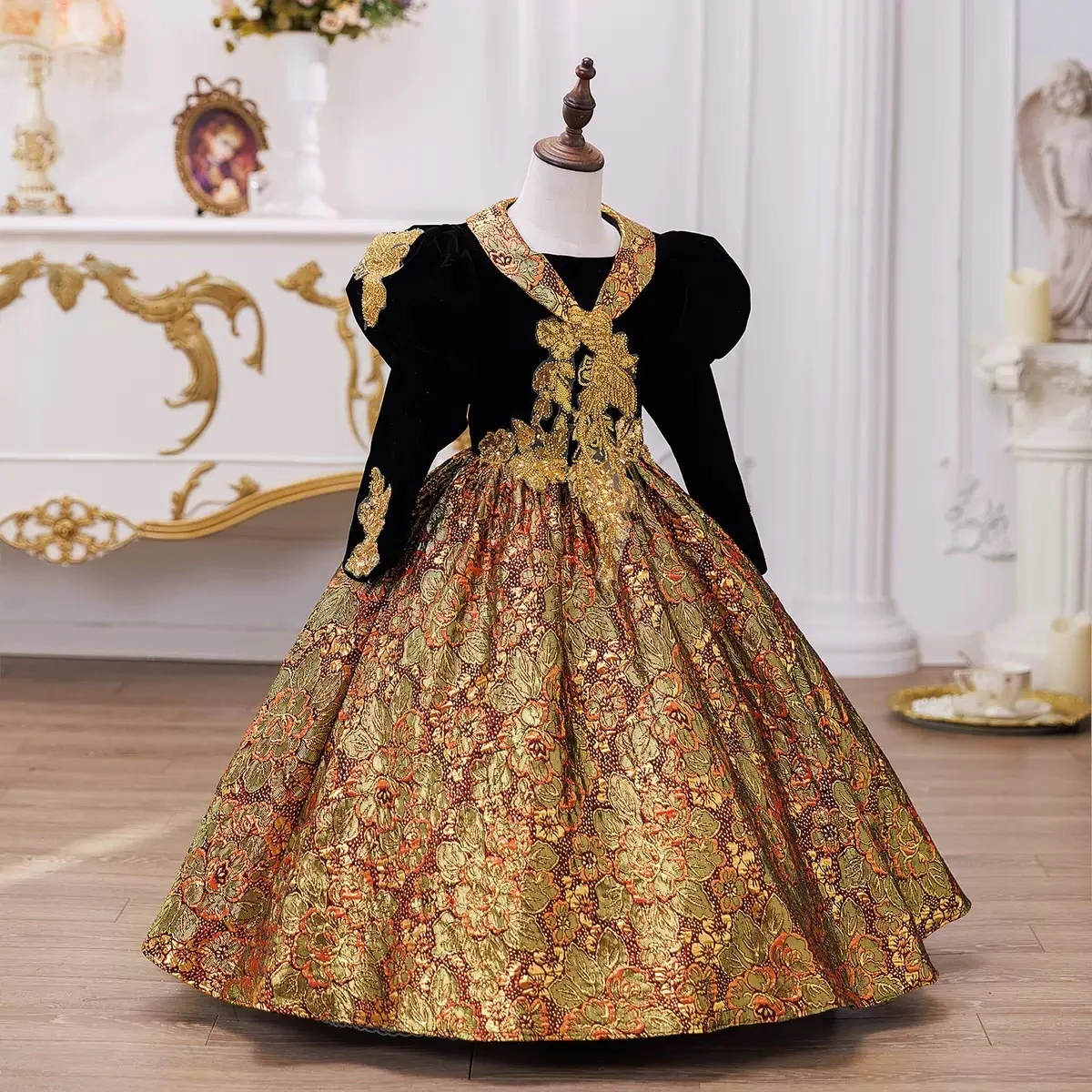Girl's Ball Gown 3/4 Length Sleeves Floor Length Victorian Princess Party Costume Cosplay Masquerade Rococo Party Dress with Sequins - Image 4