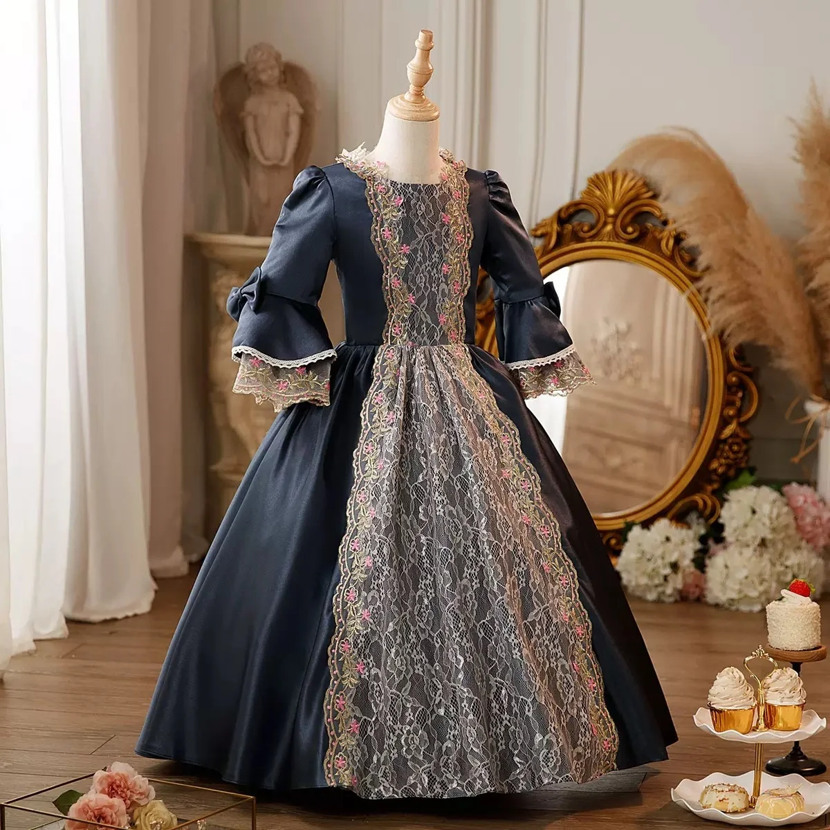 Girl's Ball Gown Round Neck 3/4 Length Sleeves Floor Length Floral Victorian Princess Costume Cosplay Masquerade Rococo Party Dress with Lace - Image 3