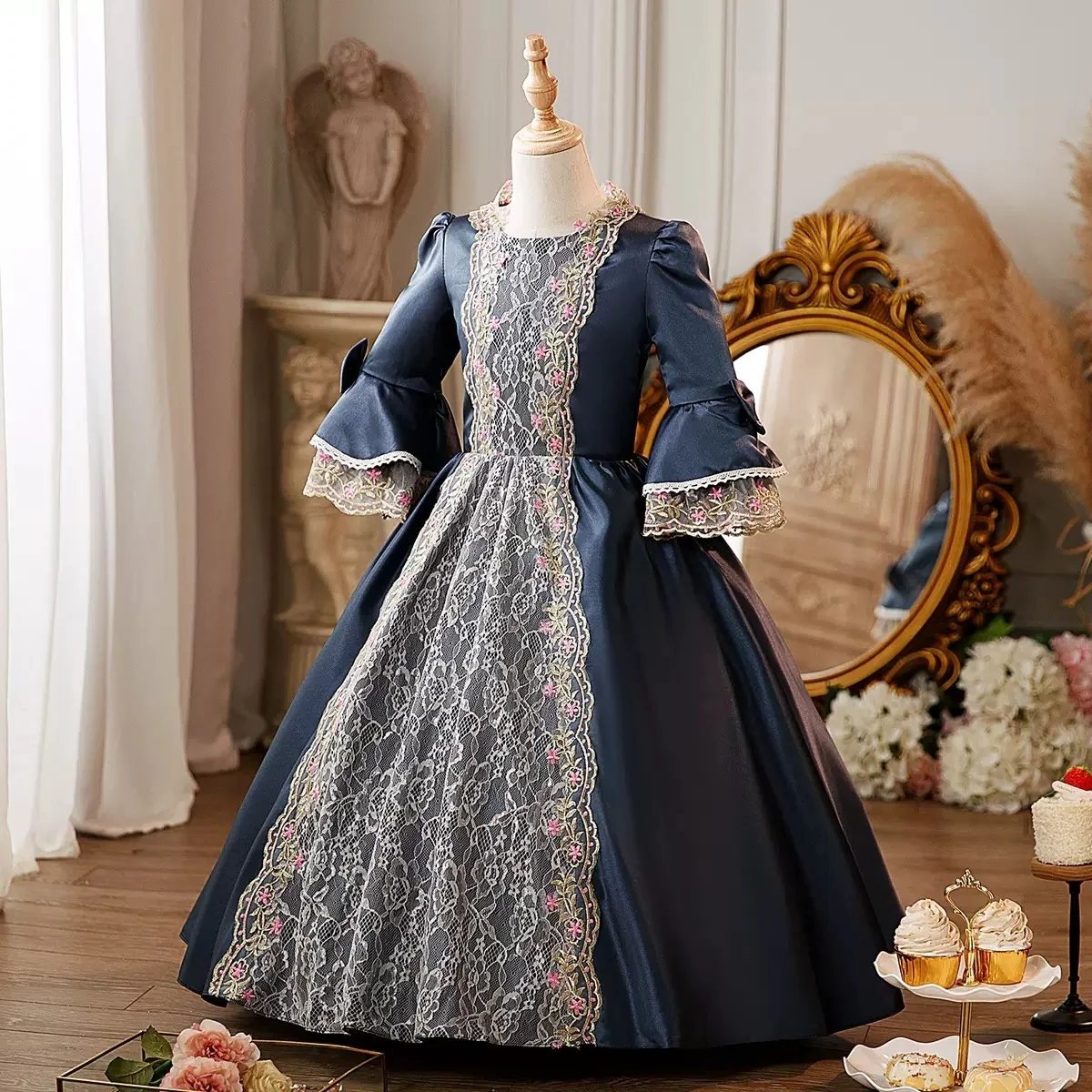 Girl's Ball Gown Round Neck 3/4 Length Sleeves Floor Length Floral Victorian Princess Costume Cosplay Masquerade Rococo Party Dress with Lace - Image 4