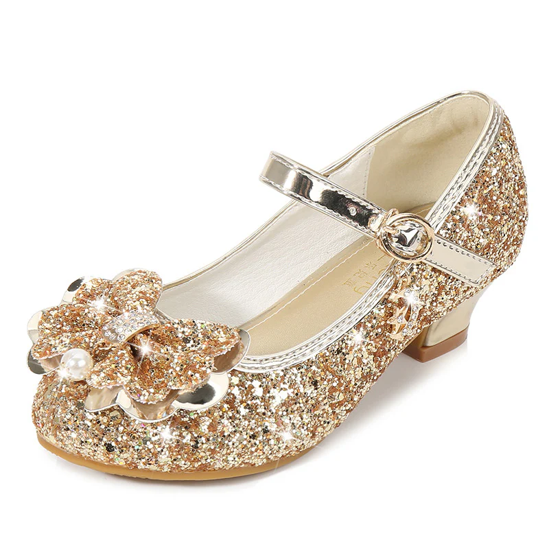 Girl's Sparkling Sequined Bow Block Round Toe Shoes with Pearl & Buckle - Image 6