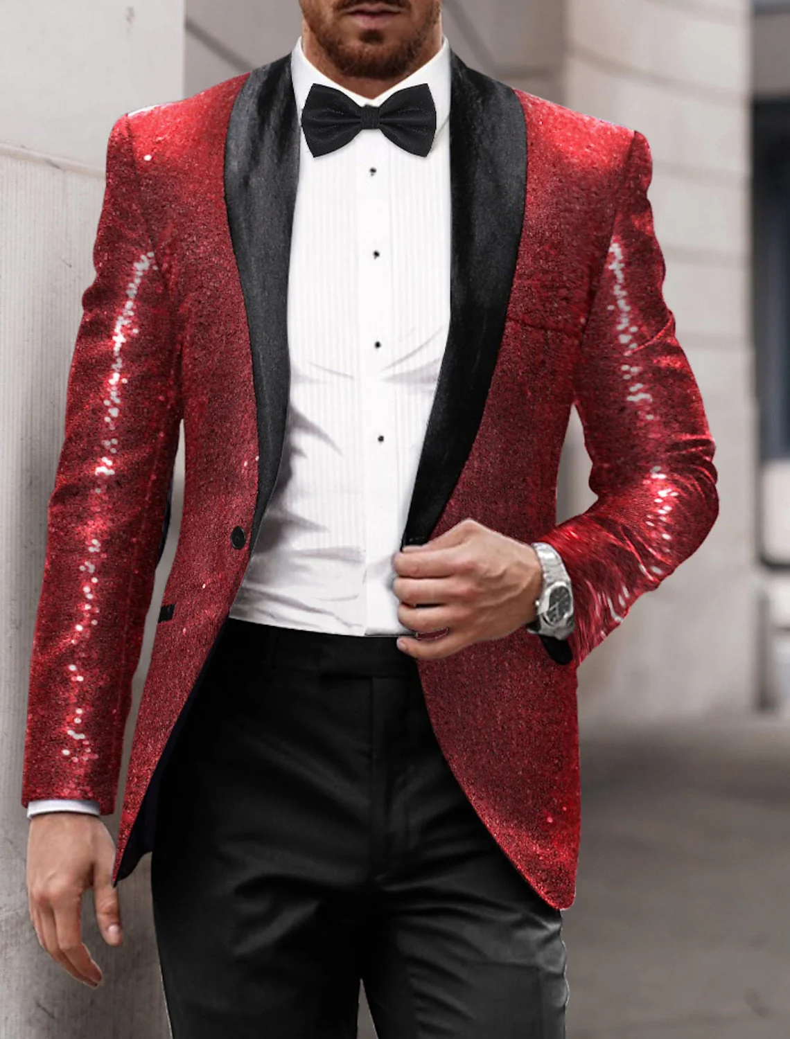 Gold Red Blue Silver Men's Tailored Fit Single Breasted One-button Sequins Party Jacket - Image 4