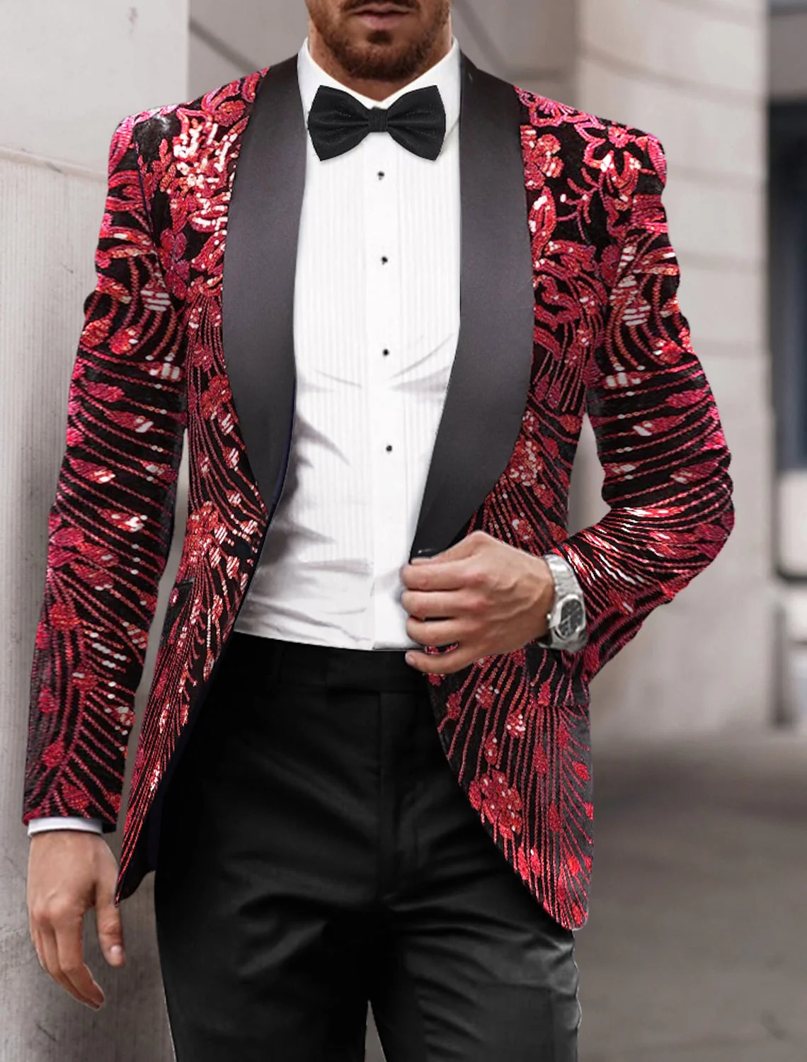 Gold Red Green Men's Tailored Fit Single Breasted One-button Sequins Party Jacket - Image 4