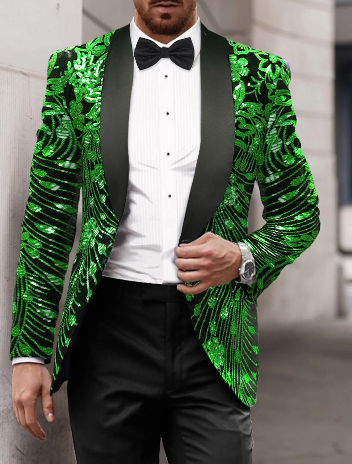 Gold Red Green Men's Tailored Fit Single Breasted One-button Sequins Party Jacket - Image 5