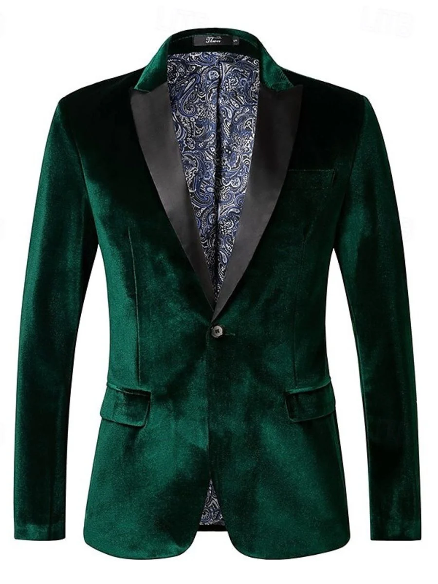Green Men's Party Velvet Notched Neck Regular Single Breasted One-Button Blazer Jacket - Image 2