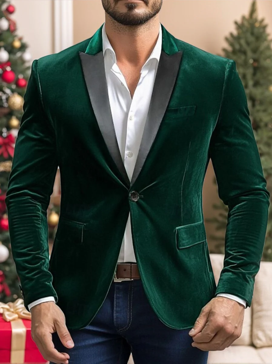 Green Men's Party Velvet Notched Neck Regular Single Breasted One-Button Blazer Jacket - Image 4