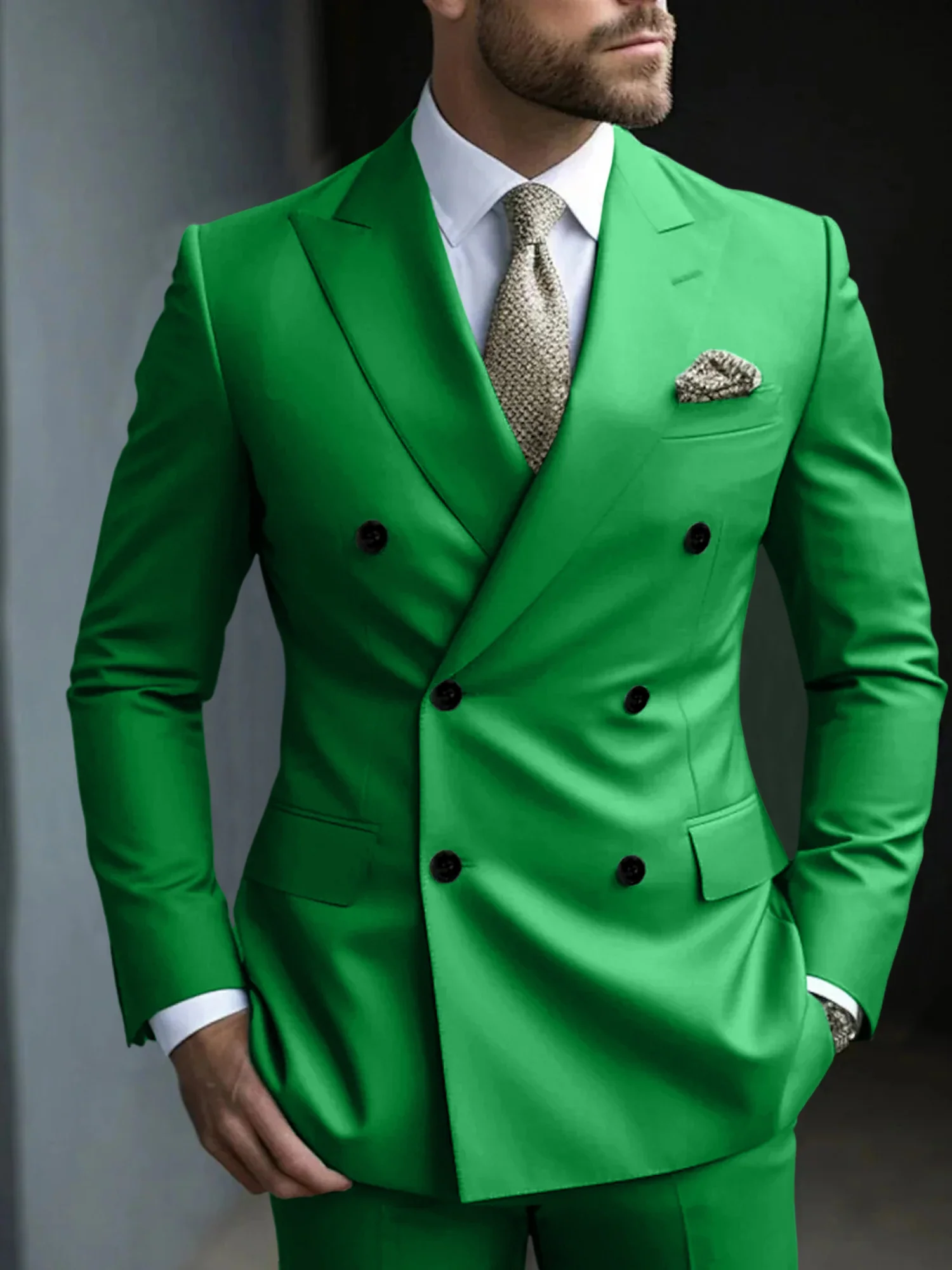 Green Men's Tailored Fit 2 Pieces Solid Colored Double Breasted Six-buttons Party Suits - Image 10