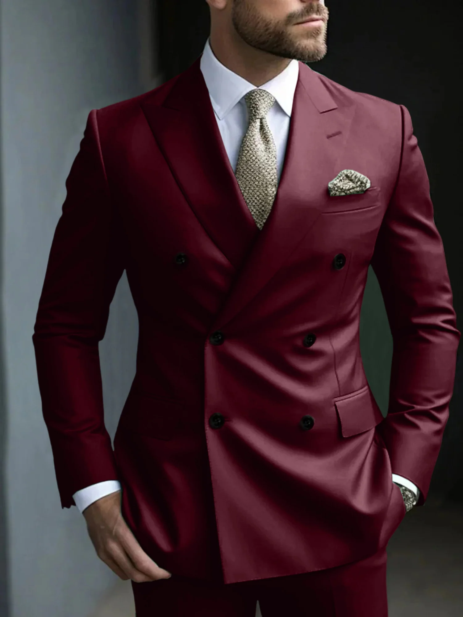 Green Men's Tailored Fit 2 Pieces Solid Colored Double Breasted Six-buttons Party Suits - Image 5