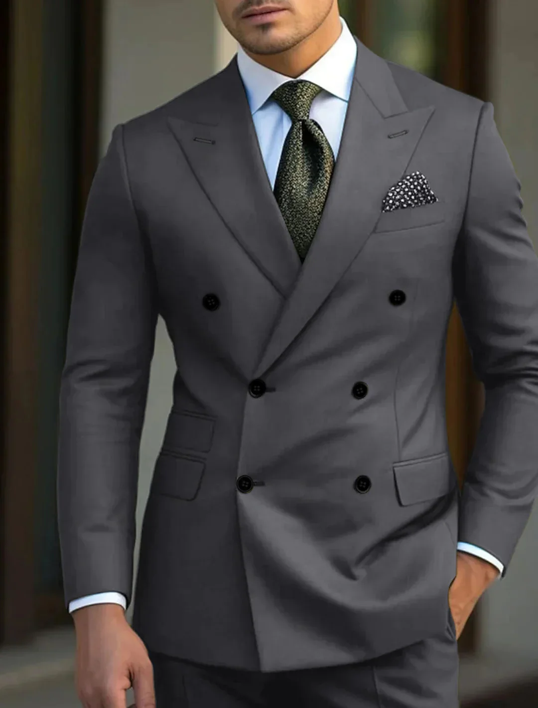 Green Men's Tailored Fit Double Breasted Six-buttons 2 Pieces Solid Colored Wedding Suits - Image 2