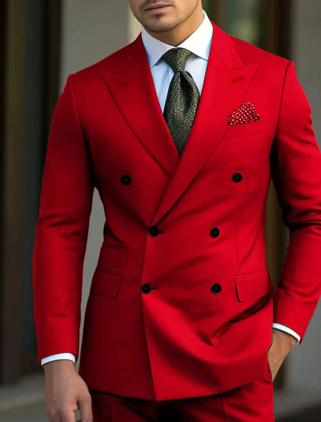 Green Men's Tailored Fit Double Breasted Six-buttons 2 Pieces Solid Colored Wedding Suits - Image 3