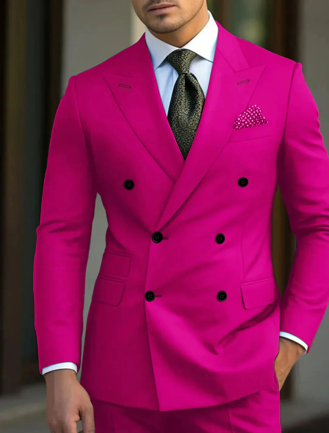 Green Men's Tailored Fit Double Breasted Six-buttons 2 Pieces Solid Colored Wedding Suits - Image 4