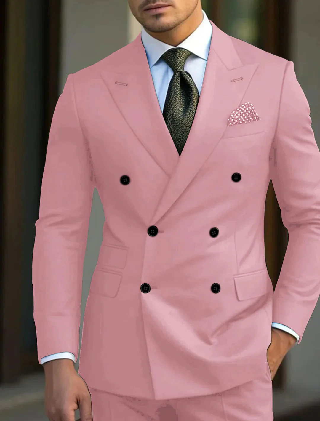 Green Men's Tailored Fit Double Breasted Six-buttons 2 Pieces Solid Colored Wedding Suits - Image 5
