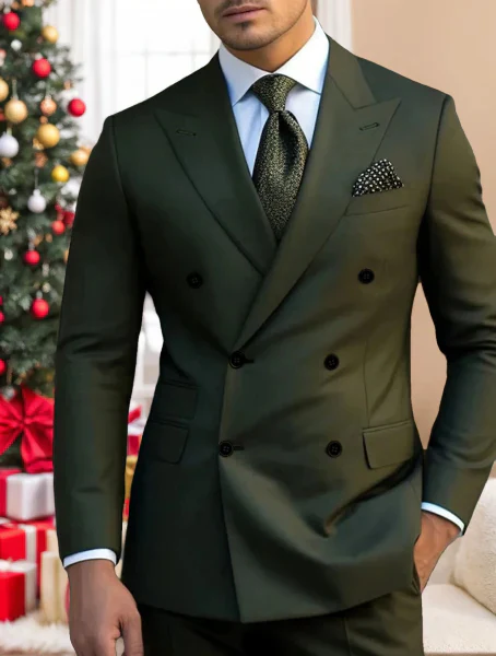 Green Men's Tailored Fit Double Breasted Six-buttons 2 Pieces Solid Colored Wedding Suits - Image 6