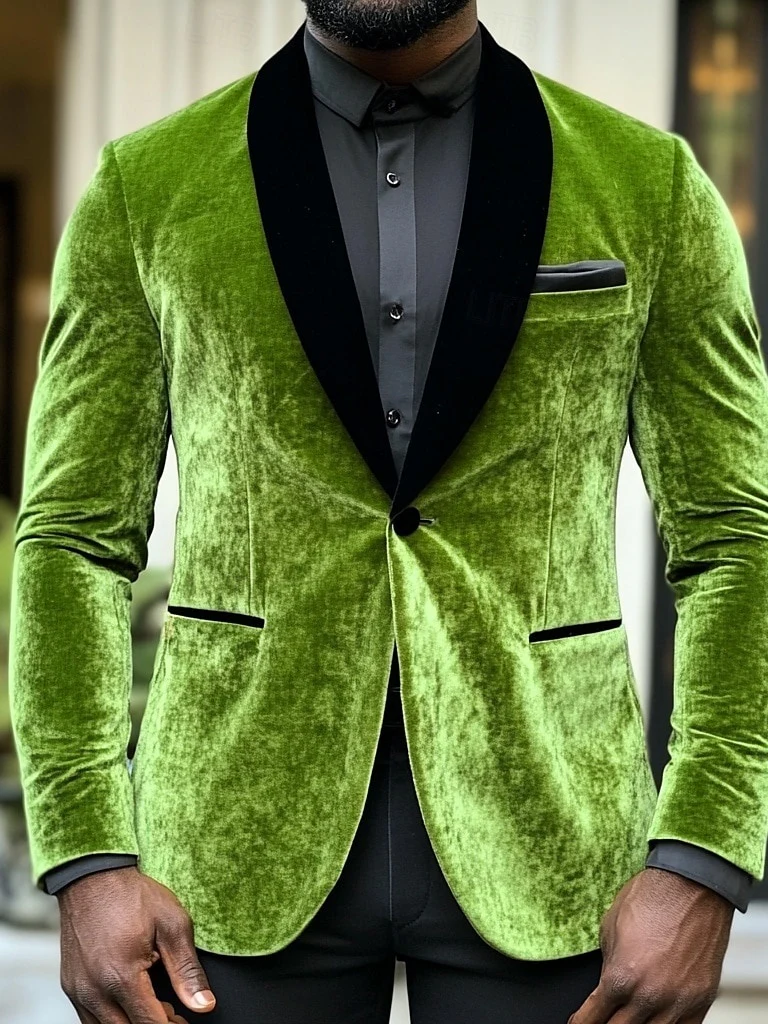 Green Men's Velvet Solid Colored Standard Fit Single Breasted One-button Blazer Jacket - Image 2