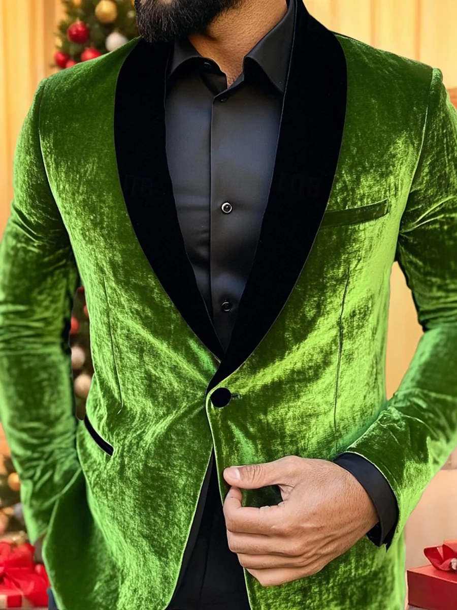 Green Men's Velvet Solid Colored Standard Fit Single Breasted One-button Blazer Jacket - Image 3