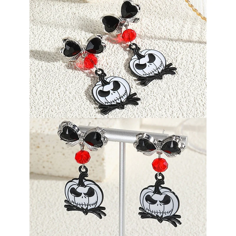 Halloween Black Bow Tie Red Diamond Pumpkin Gothic Earrings Jewelry Set - Image 7