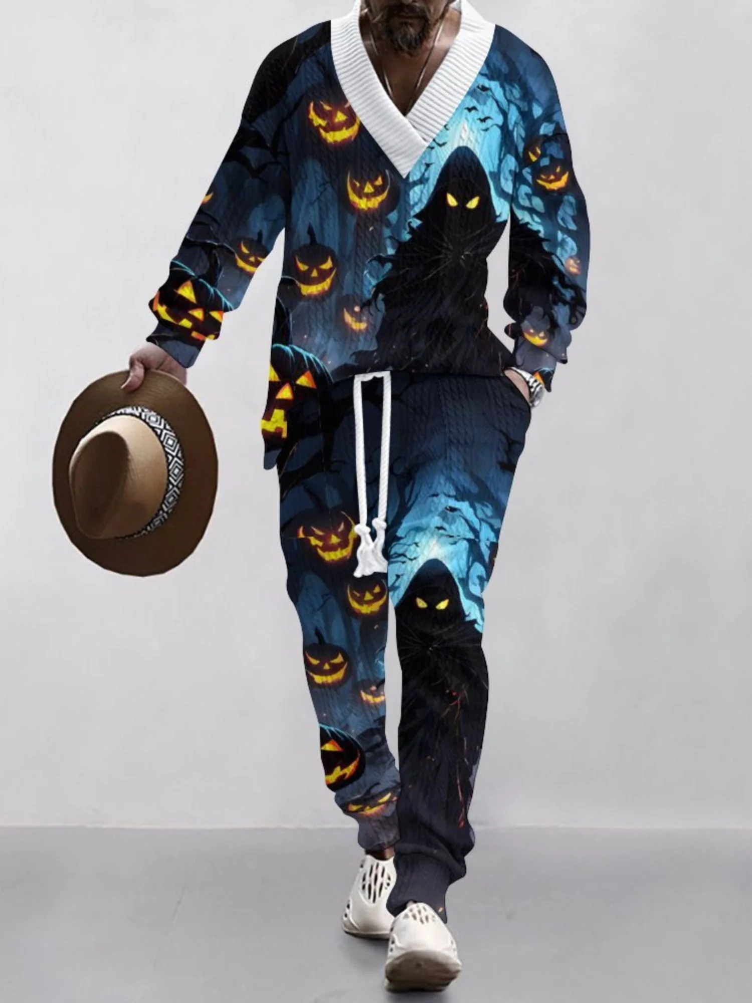 Halloween Casual V-Neck Printed Knit Long Sleeves Men's Suit - Image 3