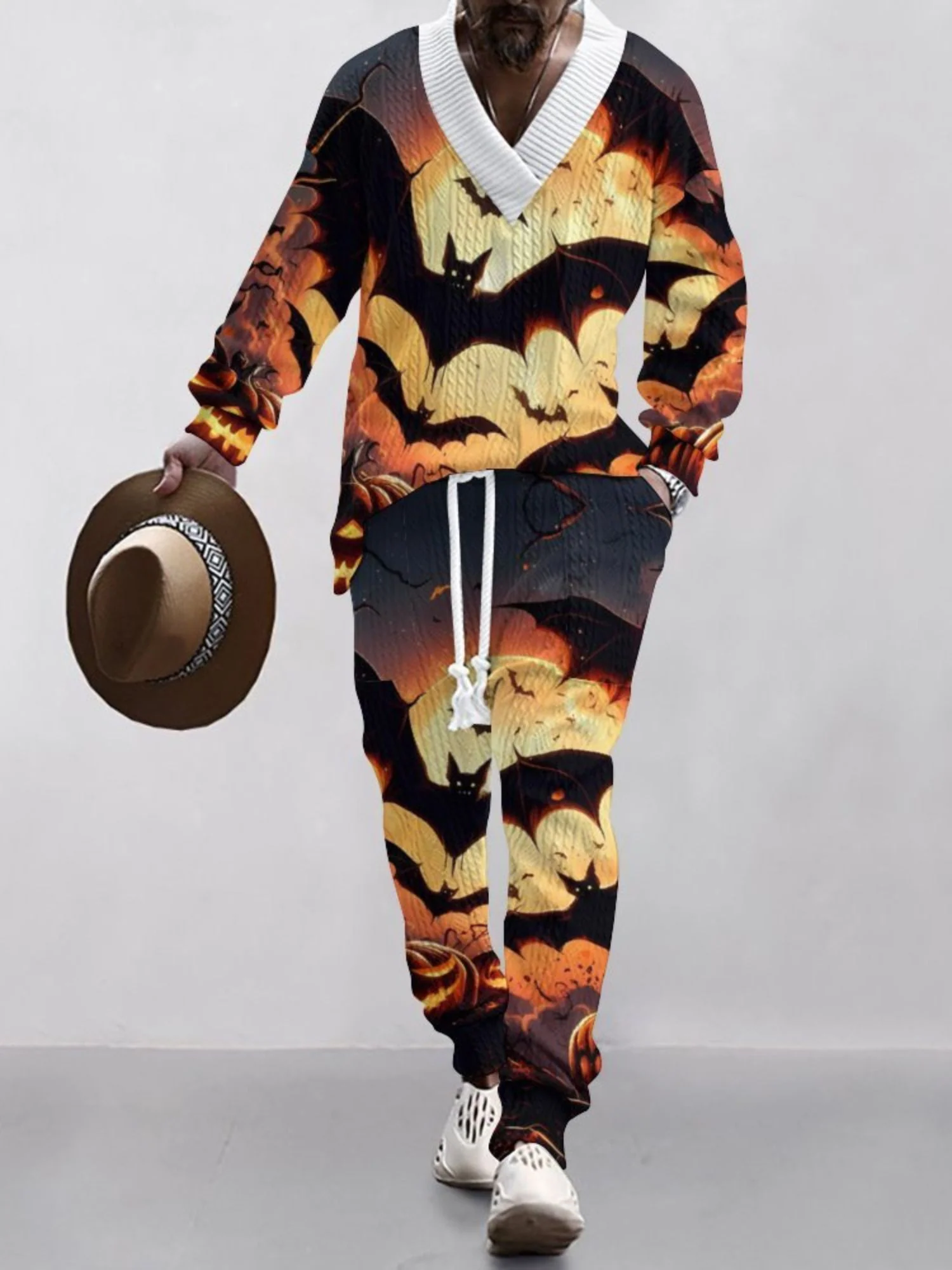 Halloween Casual V-Neck Printed Knit Long Sleeves Men's Suit - Image 4