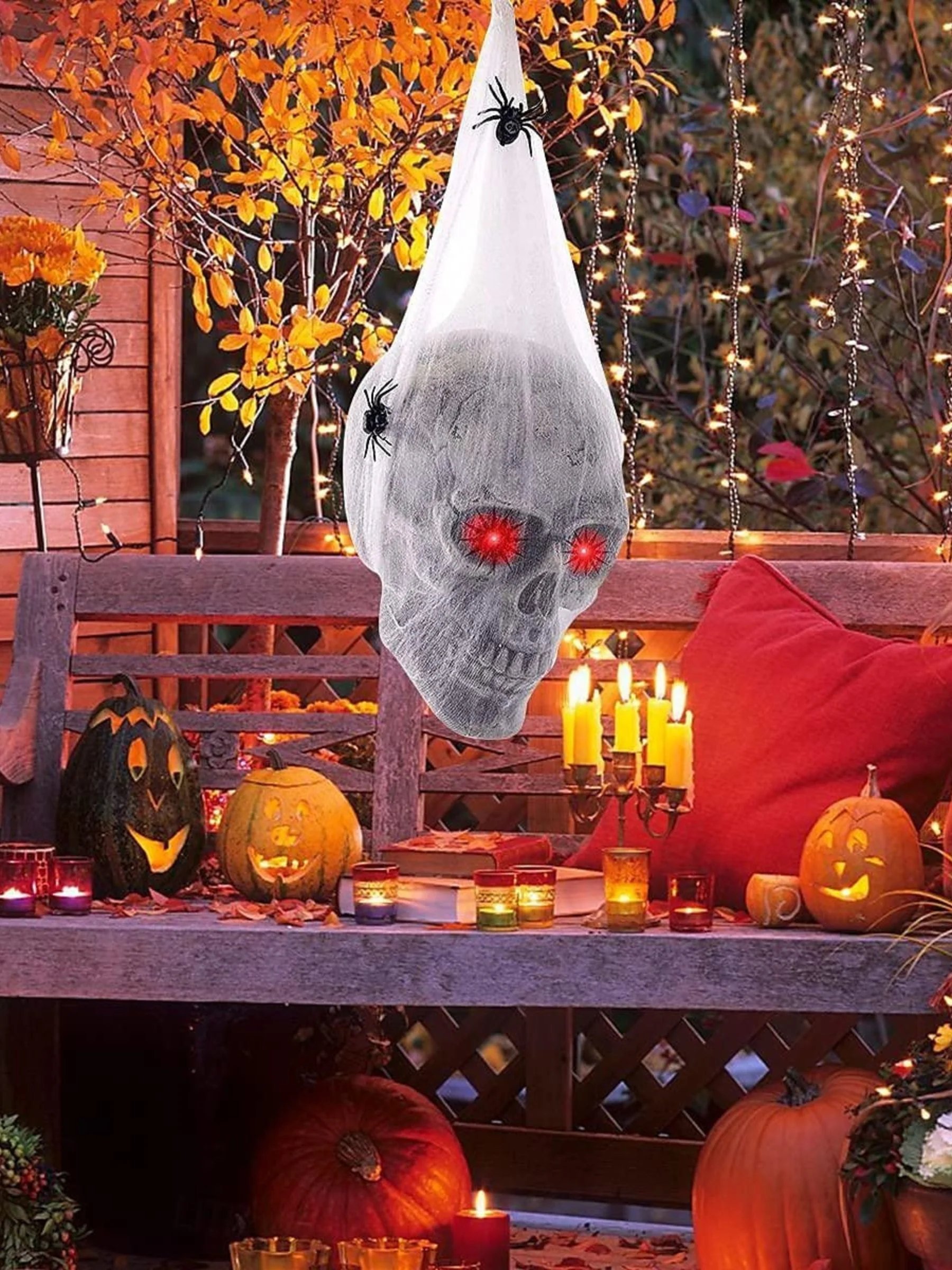 Halloween Glowing Eyes Spider Web Skull Hanging Decoration Prop - Image 5