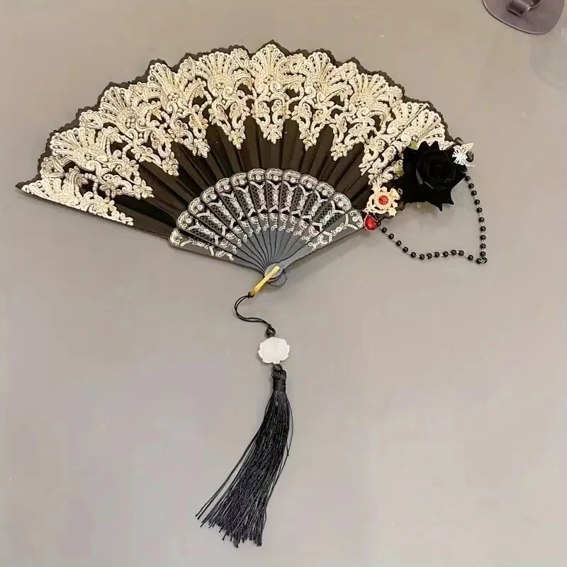 Handmade Elegant Women's Folding Fan with Floral Patterns Plastic Craft - Image 4