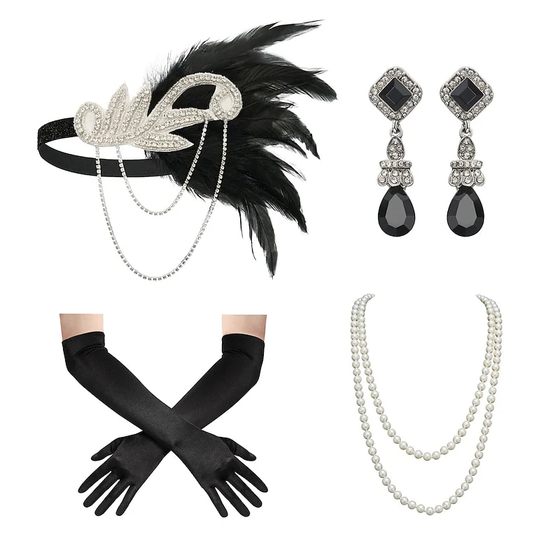 Headband Feather Accessories Set for Women 4 PCS Faux Pearl Necklace Gloves Earrings - Image 11