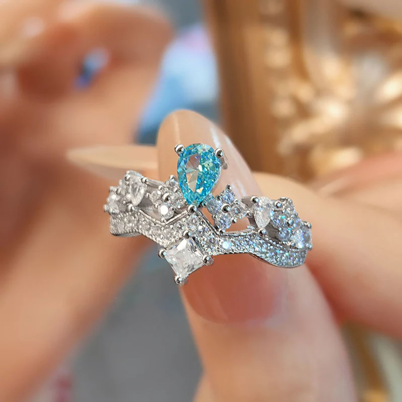 High-end Blue Rhinestone Crown Adjustable Ring - Image 5
