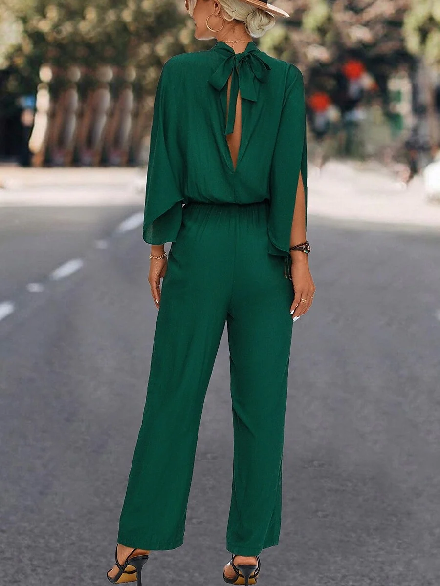 High Neck Cape Sleeves Ankle-Length Pleated Wedding Guest Jumpsuits with Self-tie - Image 2